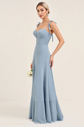 A Line Sky Blue Chiffon Spaghetti Straps Long Bridesmaid Dress